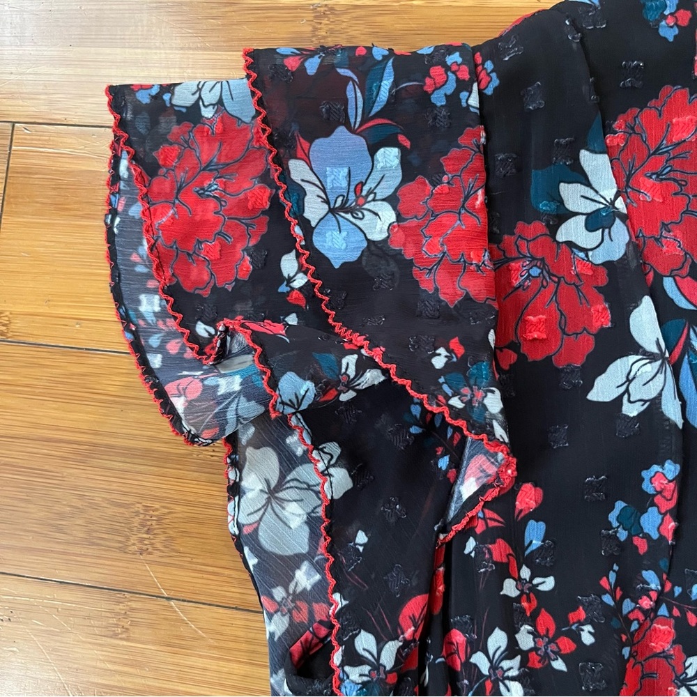Dolan Julia Clip Dot Jacquard Chiffon Black and Red Floral Mini Ruffle Dress - Picture 5 of 10